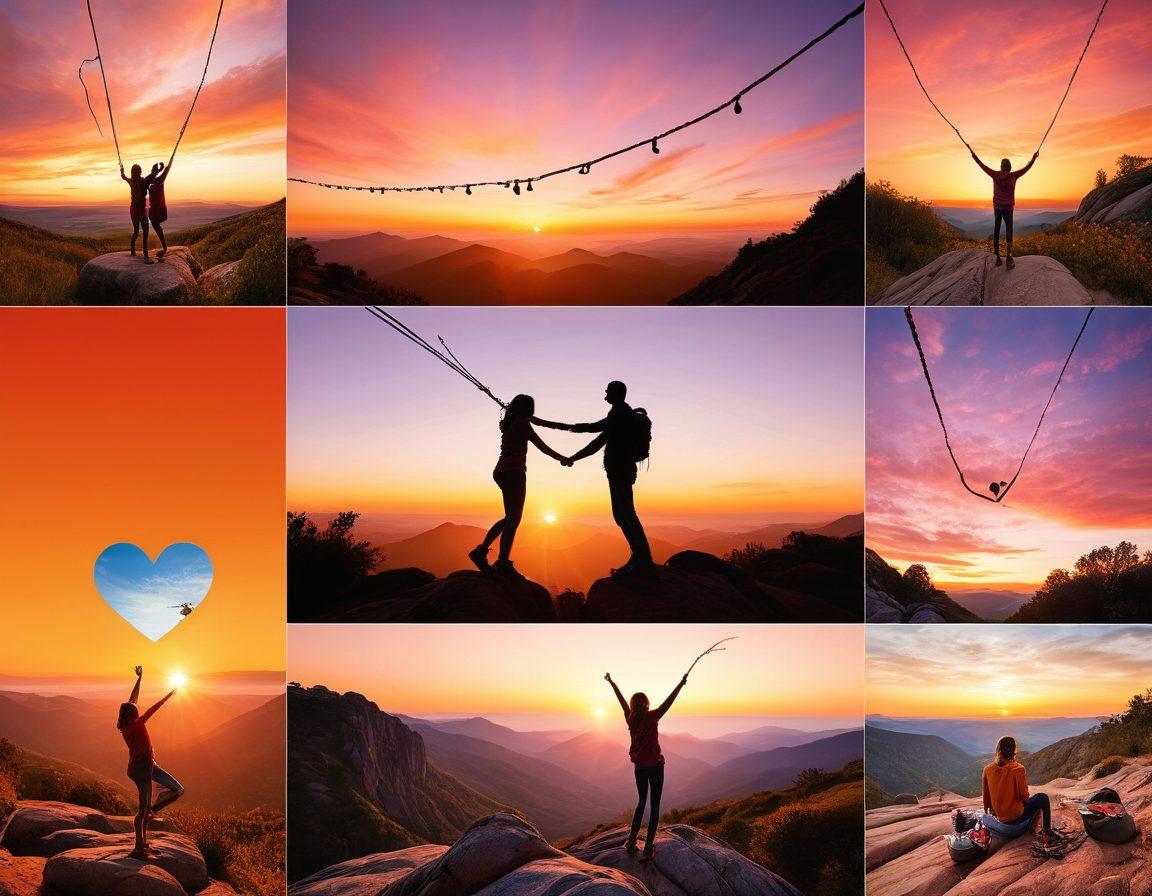A vibrant and dynamic collage depicting diverse couples engaging in adventurous activities together, such as hiking, dancing, and sharing a picnic. Incorporate elements like a scenic sunset, playful expressions, and intertwined hands to symbolize connection and exploration. Include symbols of communication and trust, like heart icons or intertwined ropes. The composition should evoke a sense of freedom and joy in relationships. super-realistic. vibrant colors. outdoor scene.