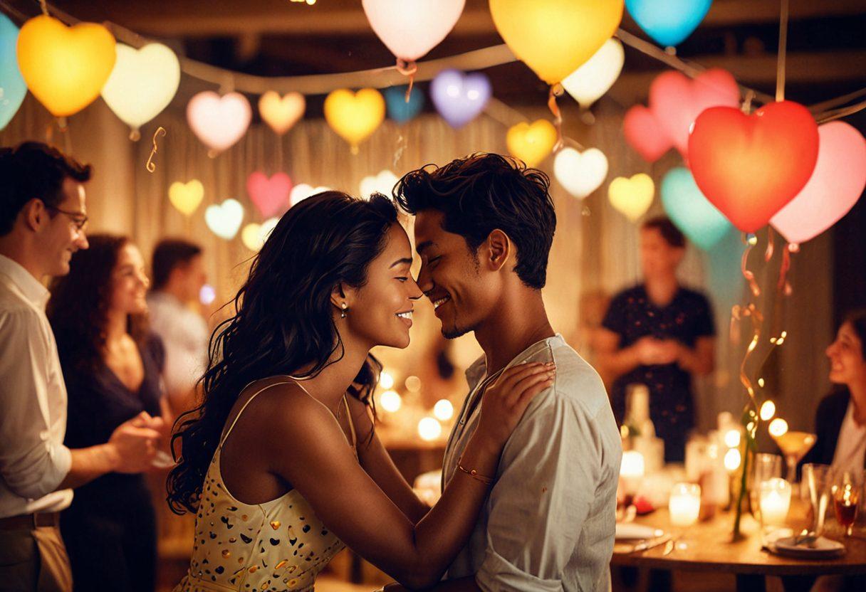 An intimate scene of a couple happily engaging in a playful partner-swapping setup at a vibrant party, with soft lighting, diverse couples mingling around in a cheerful atmosphere, showcasing trust, openness, and communication. Artistic elements such as abstract hearts and connection symbols in the background to represent emotional impact. dreamy. vibrant colors. soft focus.