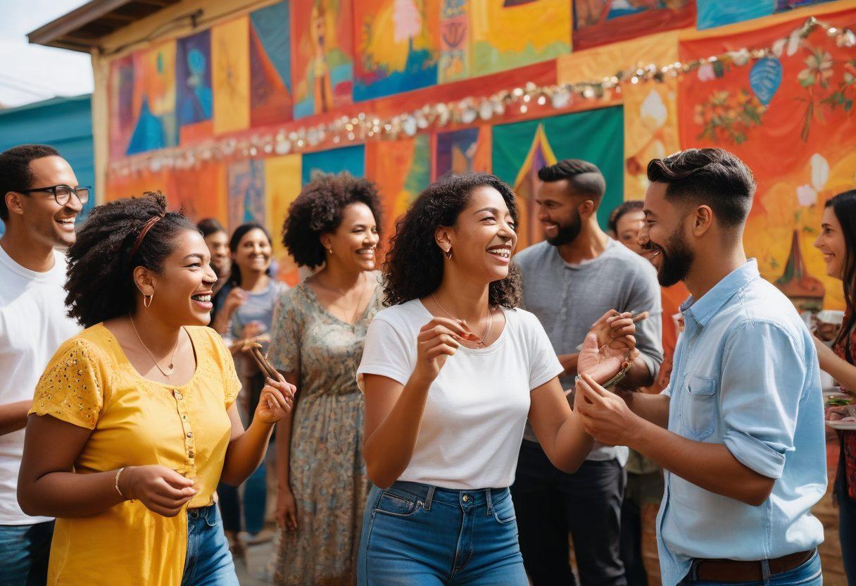 A vibrant community scene depicting diverse individuals engaging in various non-traditional lifestyles, showcasing intimate moments of connection and adventure. Include elements like eclectic art, communal gatherings, and playful interactions that symbolize adult entertainment in a positive light. Use warm tones to evoke feelings of inclusivity, acceptance, and joy. super-realistic. vibrant colors. dynamic composition.